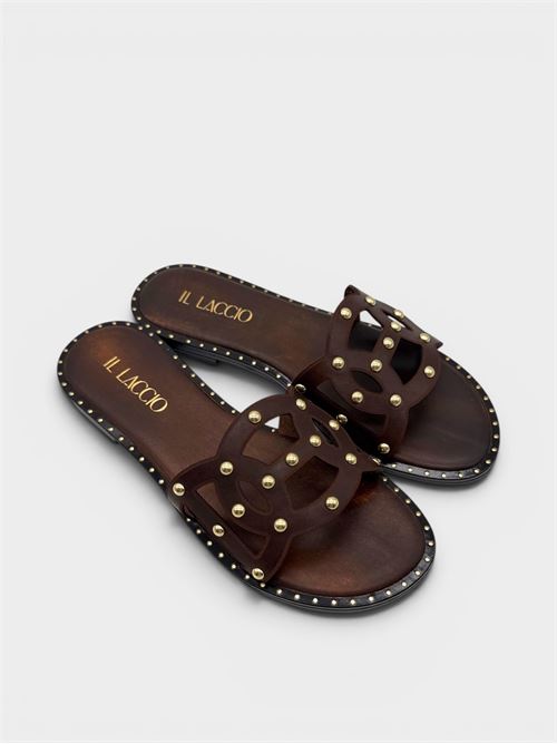 Ciabatta flat testa di moro con trafori e borchie IL LACCIO | P100VACCHETTAT.MORO